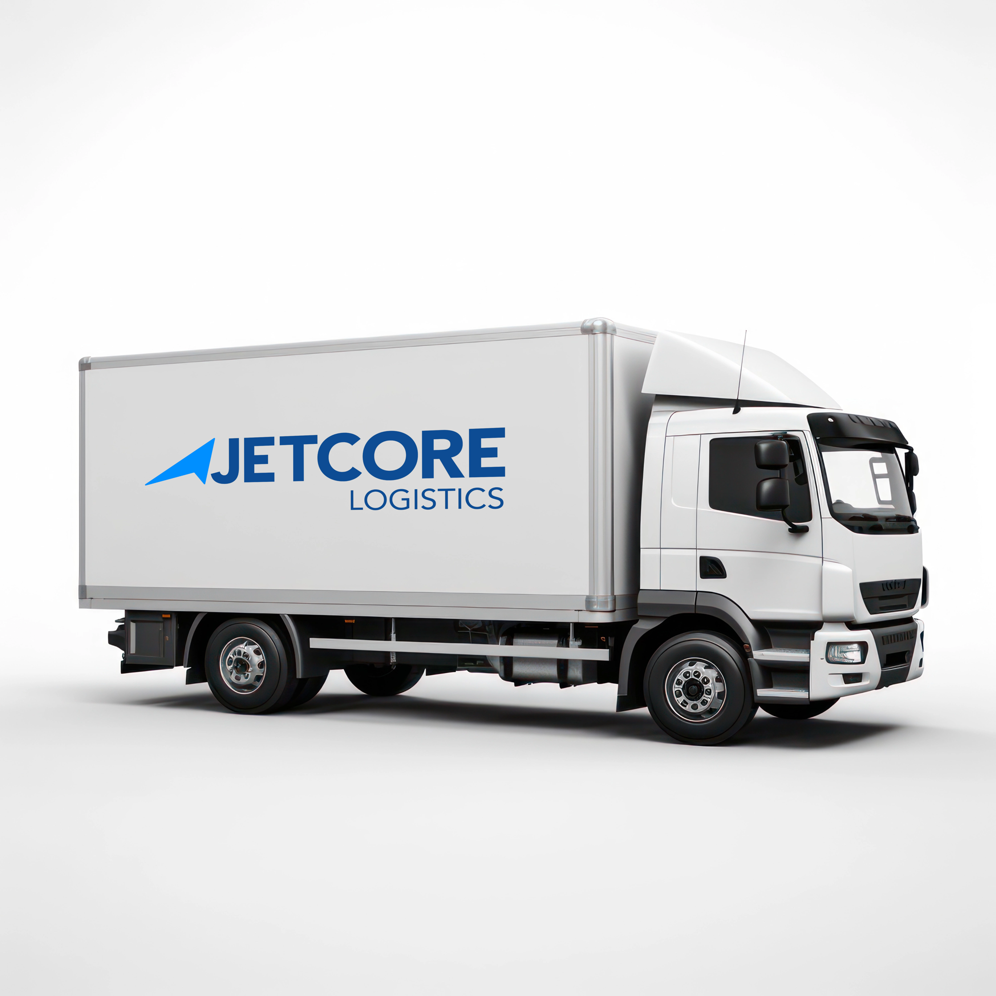 Concept application mockup: a white box truck on a plain studio background with the horizontal Jetcore Logistics lockup on its cargo body.