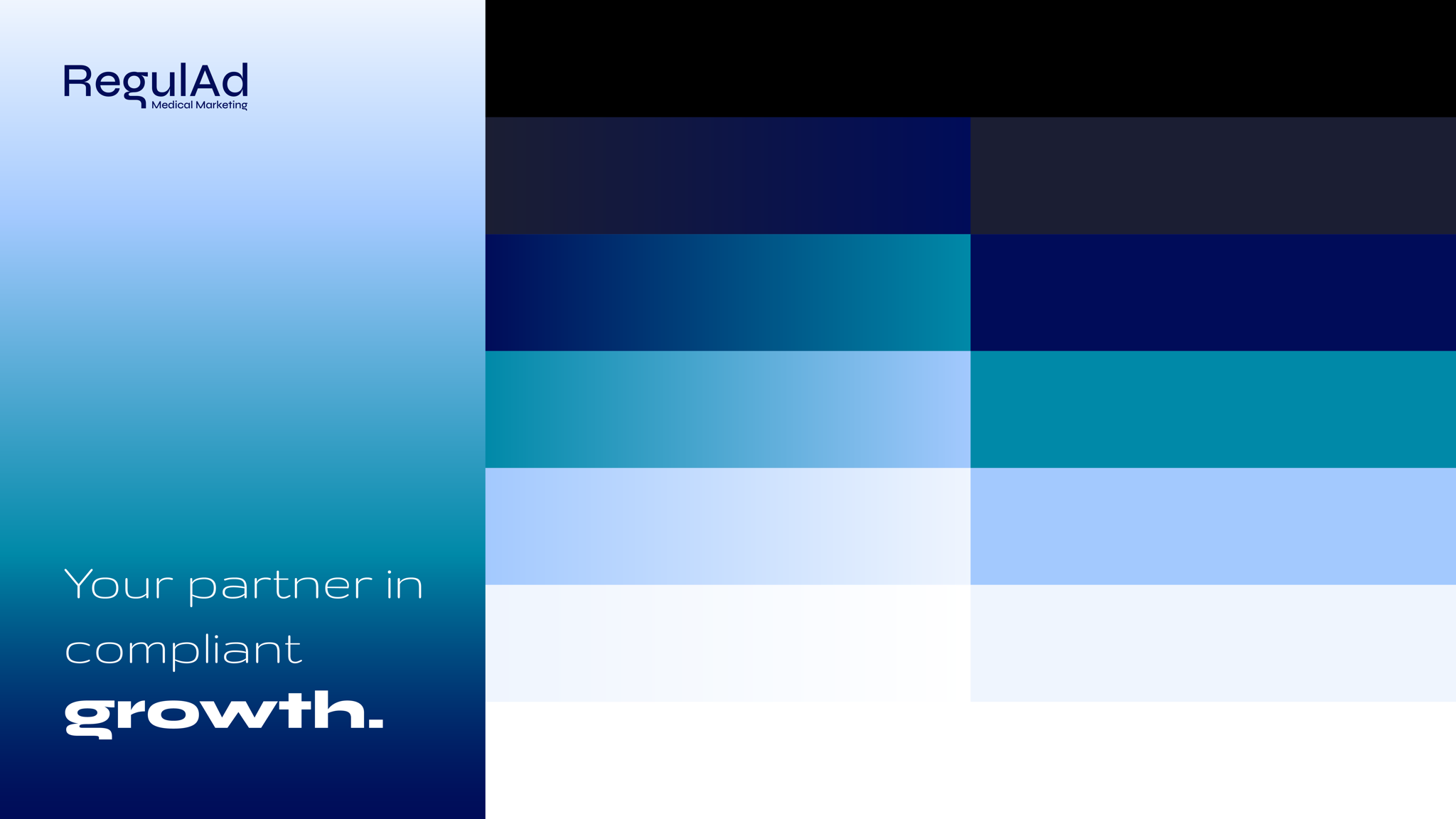 Colour palette board: navy, cyan, pale blue and white swatches beside the RegulAd wordmark and the line 'Your partner in compliant growth.'