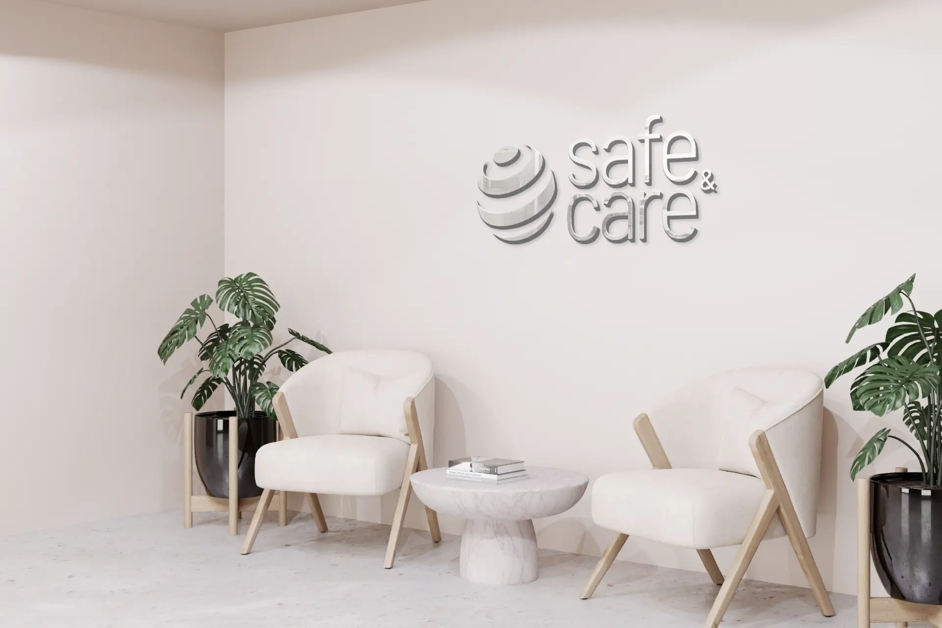 Environmental signage mockup: the Safe & Care sphere and wordmark mounted on a light clinic wall above two lounge chairs, framed by indoor plants.
