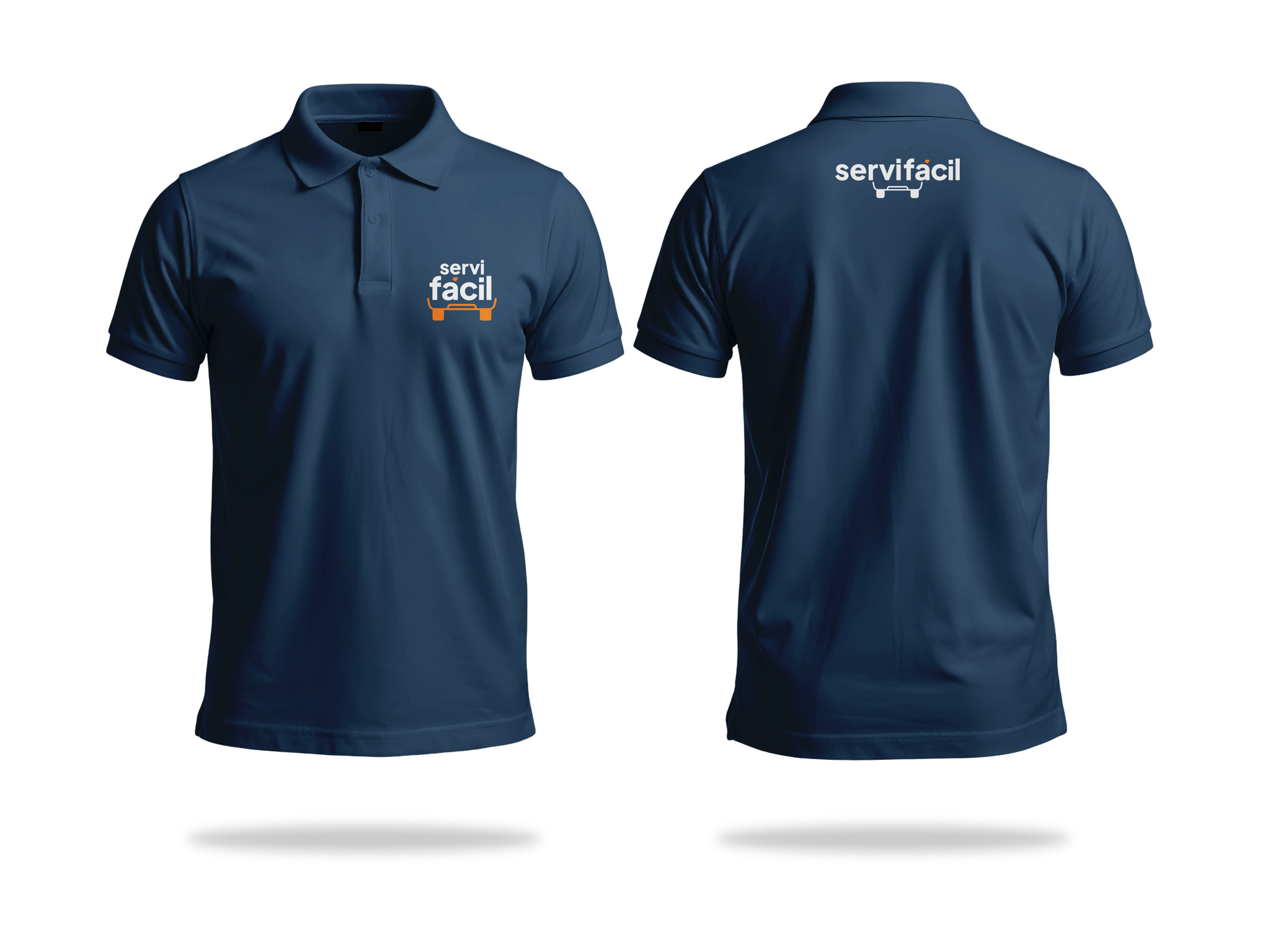 Application mockup: the same navy staff polo shirts, front and back, presented on a neutral white background.
