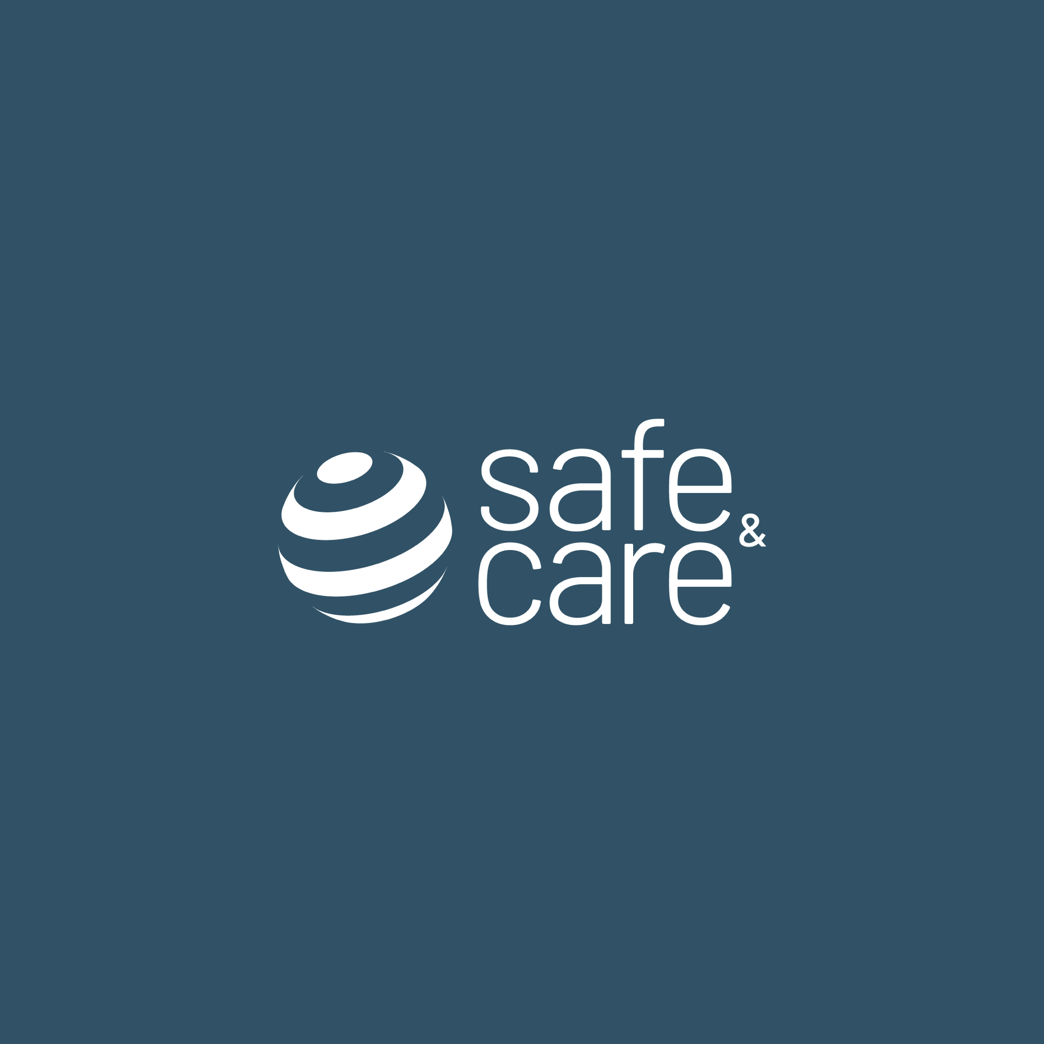 Final 2025 Safe & Care horizontal lockup: the white striped sphere symbol beside the lowercase safe & care wordmark on a deep slate-blue field.