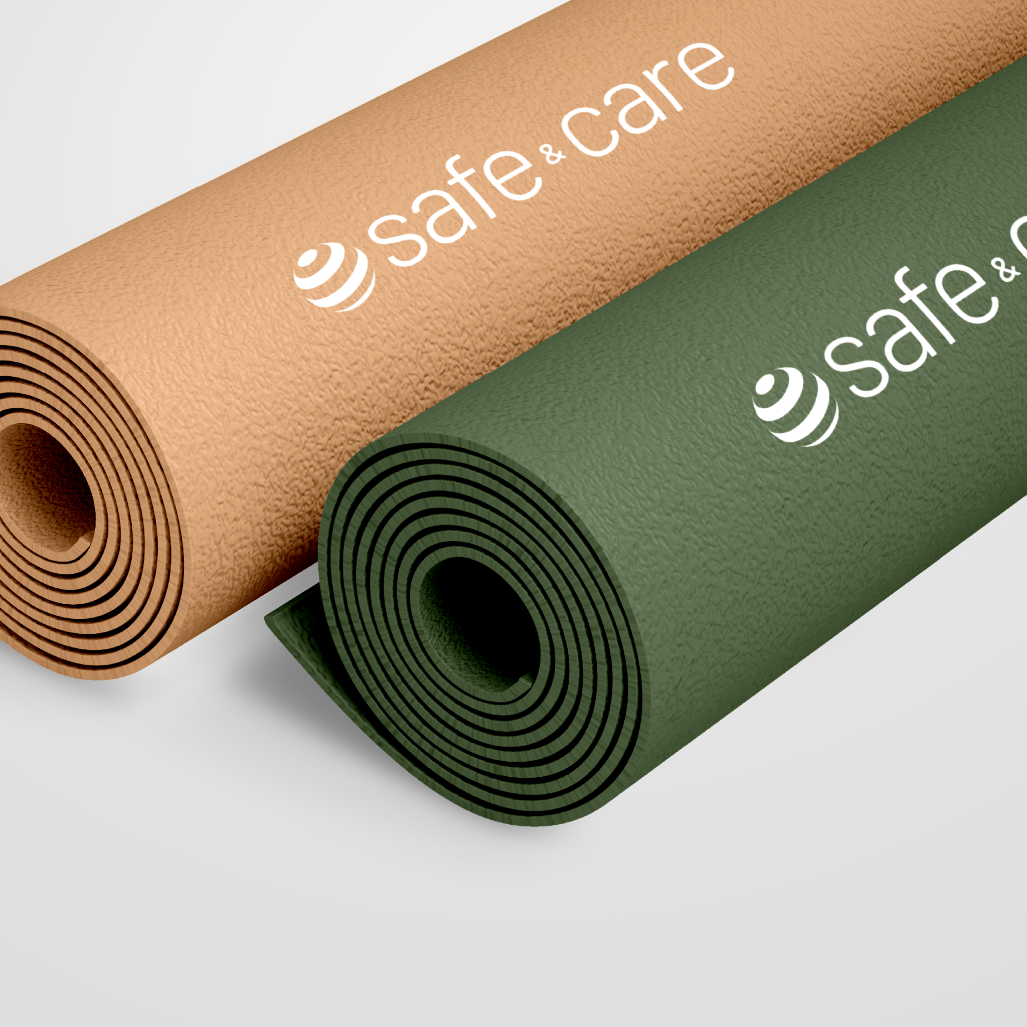 Brand application mockup: two rolled exercise mats, one terracotta and one deep green, each carrying the white Safe & Care lockup.