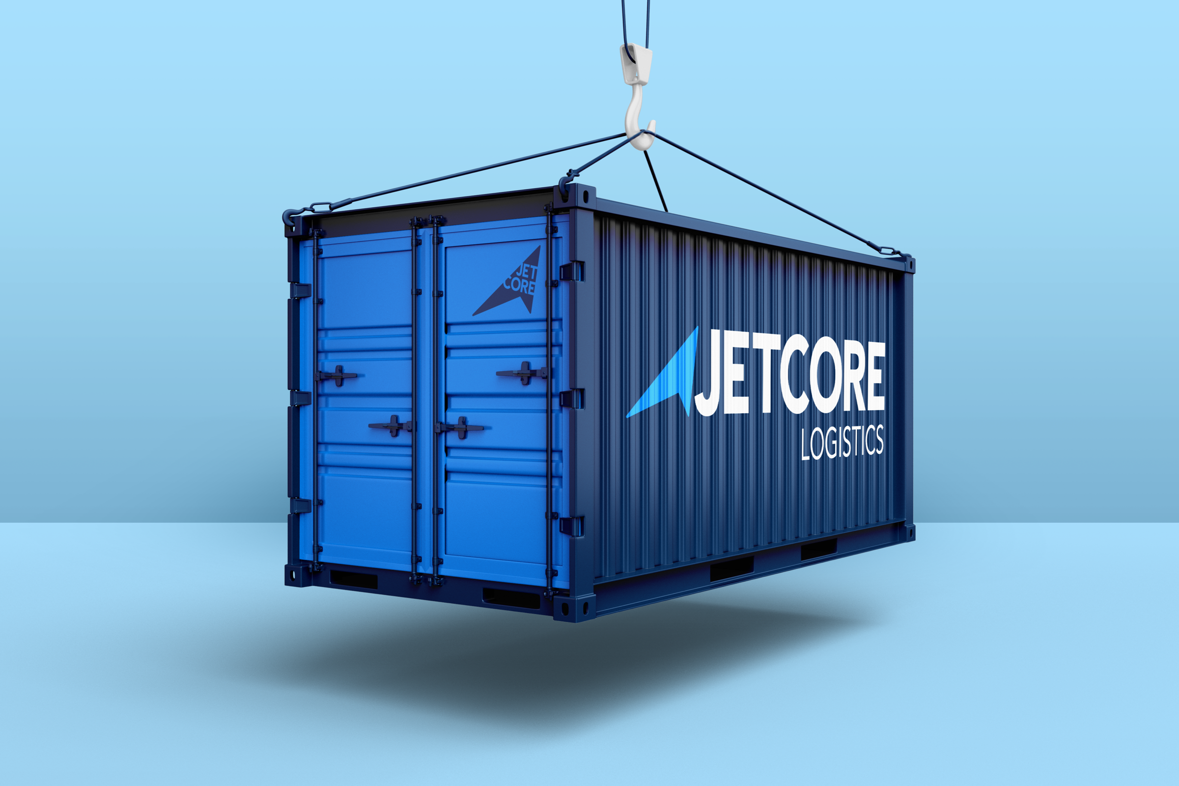 Concept application mockup: a blue shipping container suspended from a crane against a pale blue background, carrying the white Jetcore Logistics wordmark and blue directional symbol.