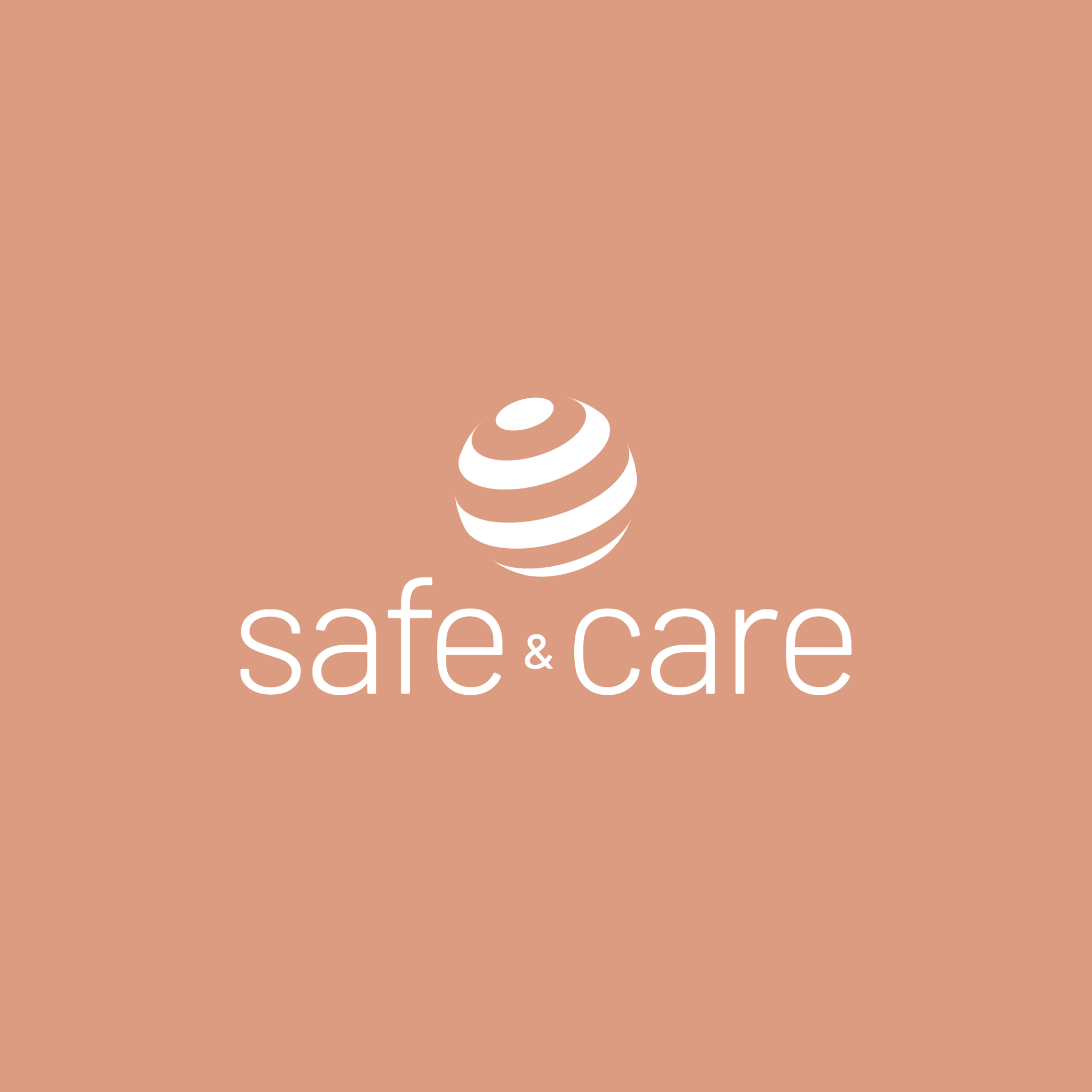 Final 2025 Safe & Care stacked lockup: the white sphere symbol above the safe & care wordmark on a warm terracotta field.