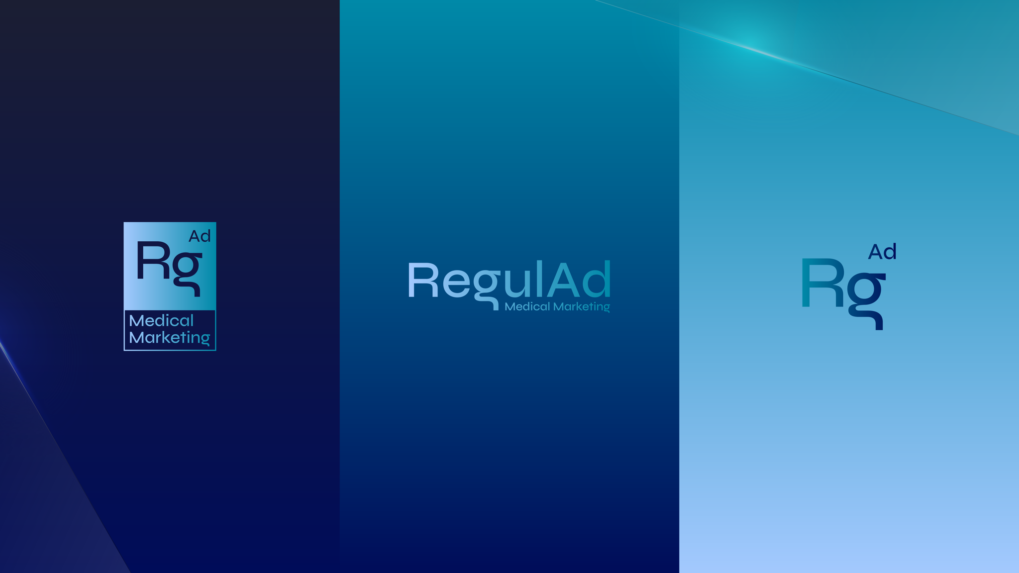 Logo triptych on dark blue and cyan panels: the boxed Rg Ad Medical Marketing lockup, the RegulAd wordmark and the standalone Rg Ad symbol.