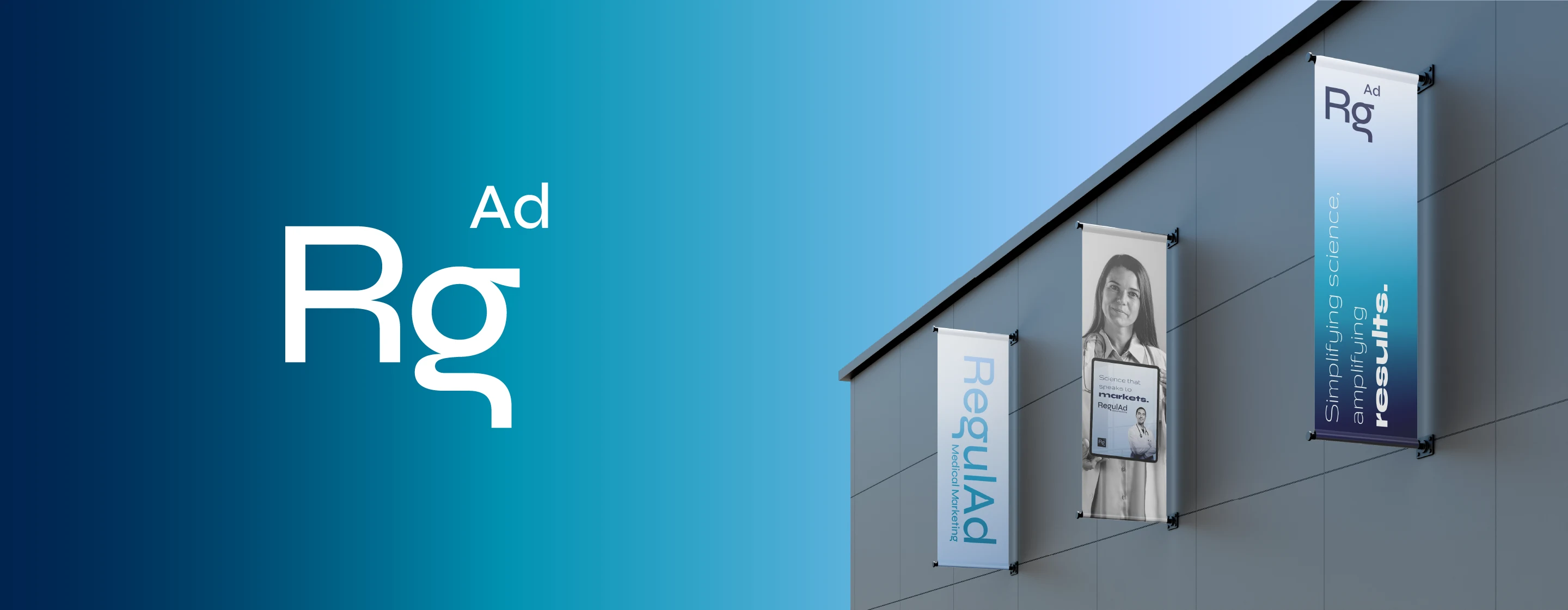 RegulAd banner: a large white Rg Ad symbol on a blue gradient, beside a building facade with three vertical branded banners reading “Simplifying science, amplifying results.”