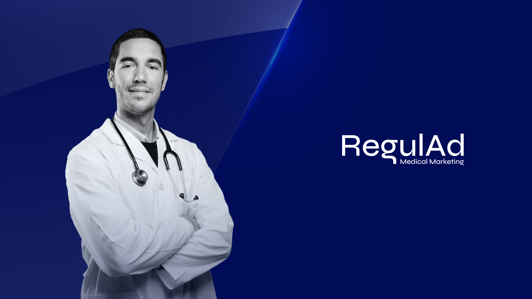 Brand composition with a duotone photograph of a physician in a white coat on a deep navy field, with the RegulAd Medical Marketing wordmark to the right.