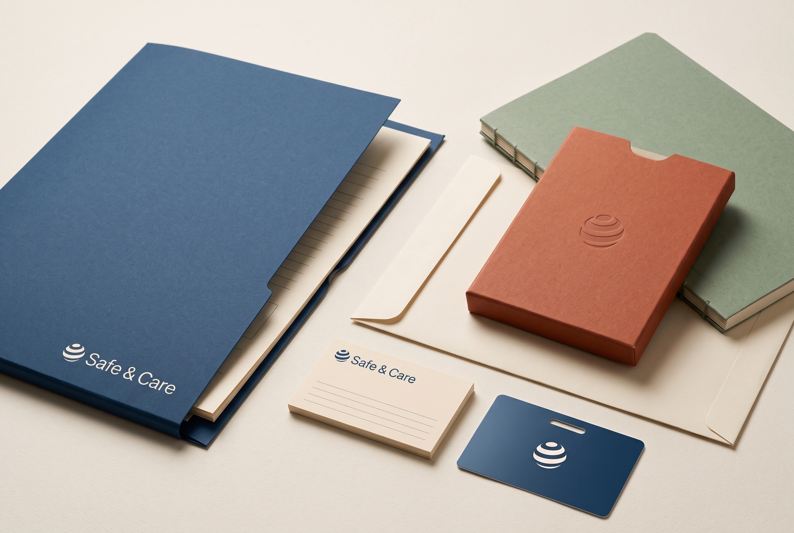 Sistema utilitario propuesto de Safe & Care: carpetas azules y verdes, papelería crema, una funda terracota y una credencial azul con la esfera y el logotipo.