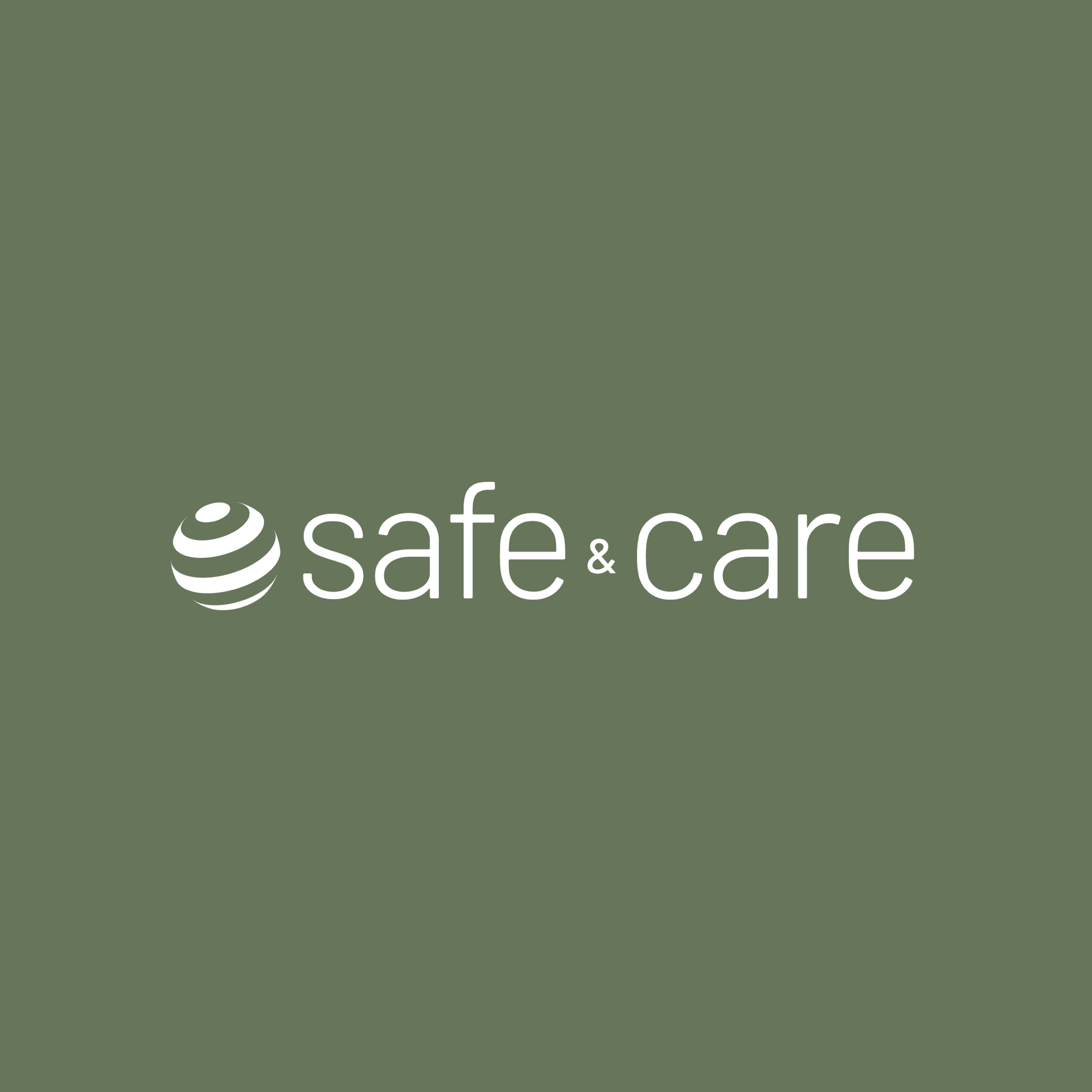 Safe & Care horizontal lockup in white on a muted olive-green field, showing the palette's flexibility across background colors.