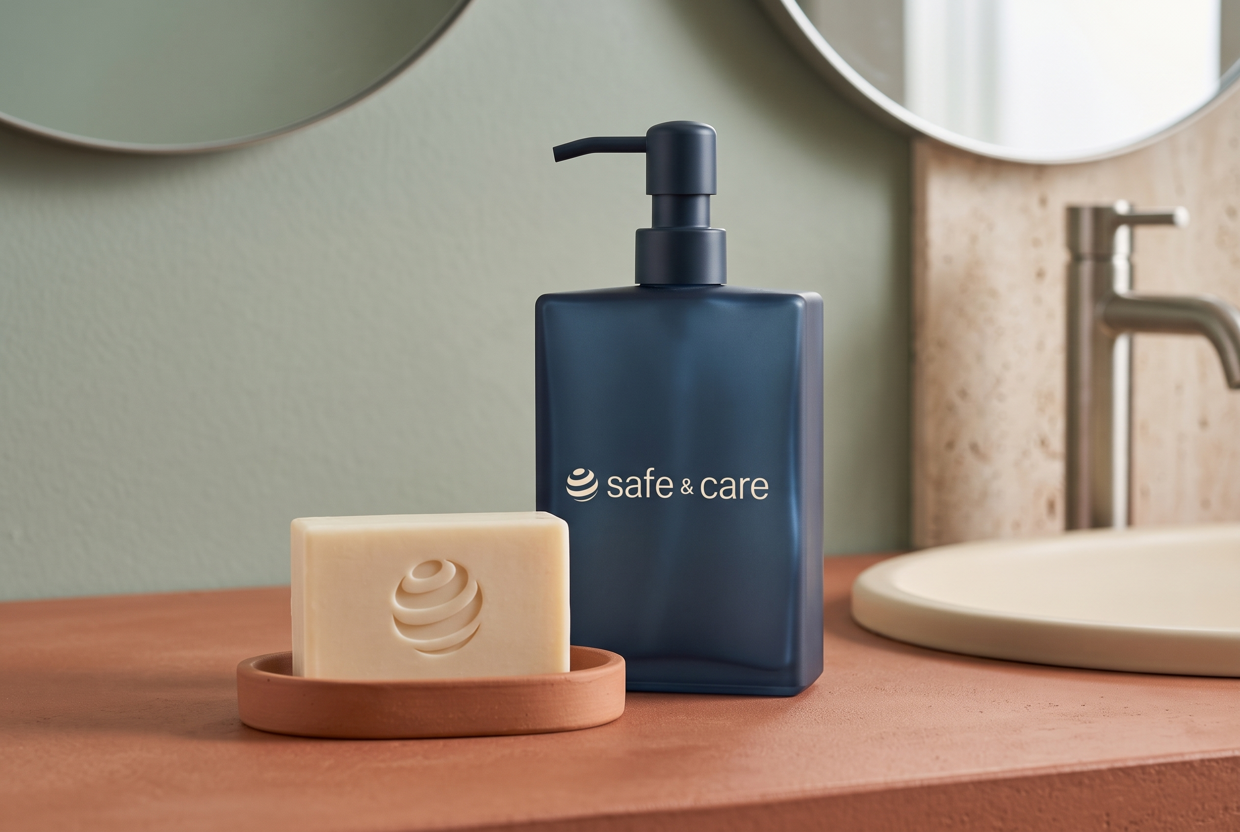 Aplicación de producto propuesta de Safe & Care: una botella dosificadora azul con el logotipo y un jabón crema con la esfera en relieve, sobre una superficie terracota junto a un lavabo.