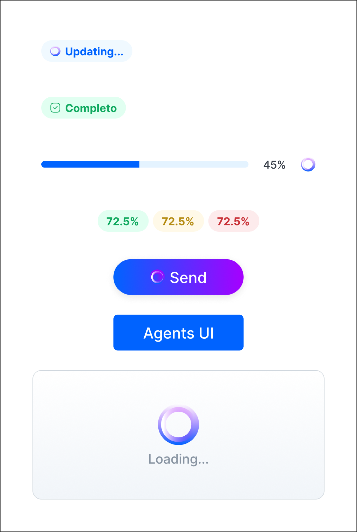 Interface component sheet: status chips, a progress bar, coloured metric badges, gradient and solid buttons, and a loading state using the GIA ring mark.