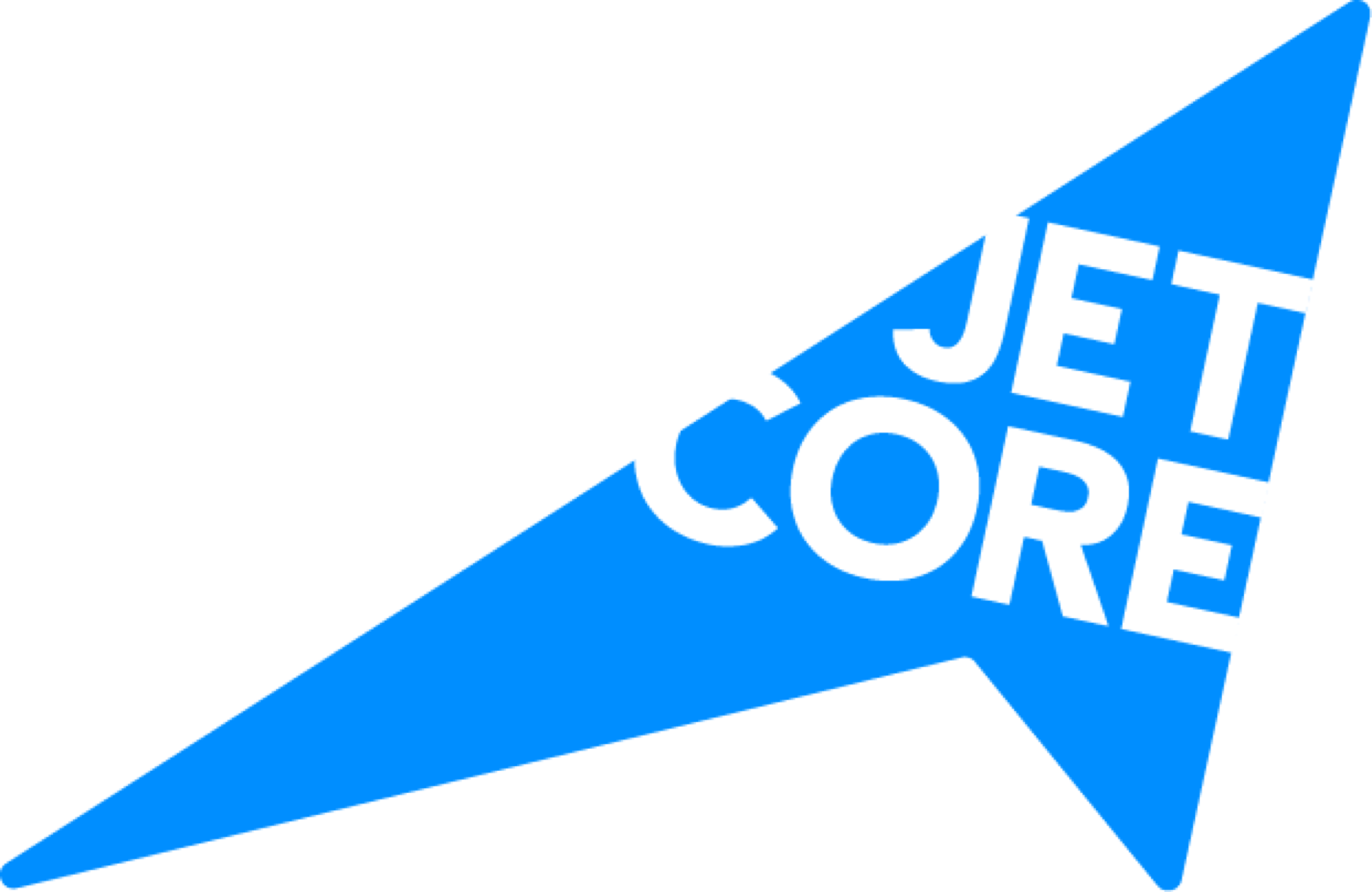 Concept identity artwork: the Jetcore arrow rendered large in bright blue with JET CORE knocked out in white along its diagonal axis.