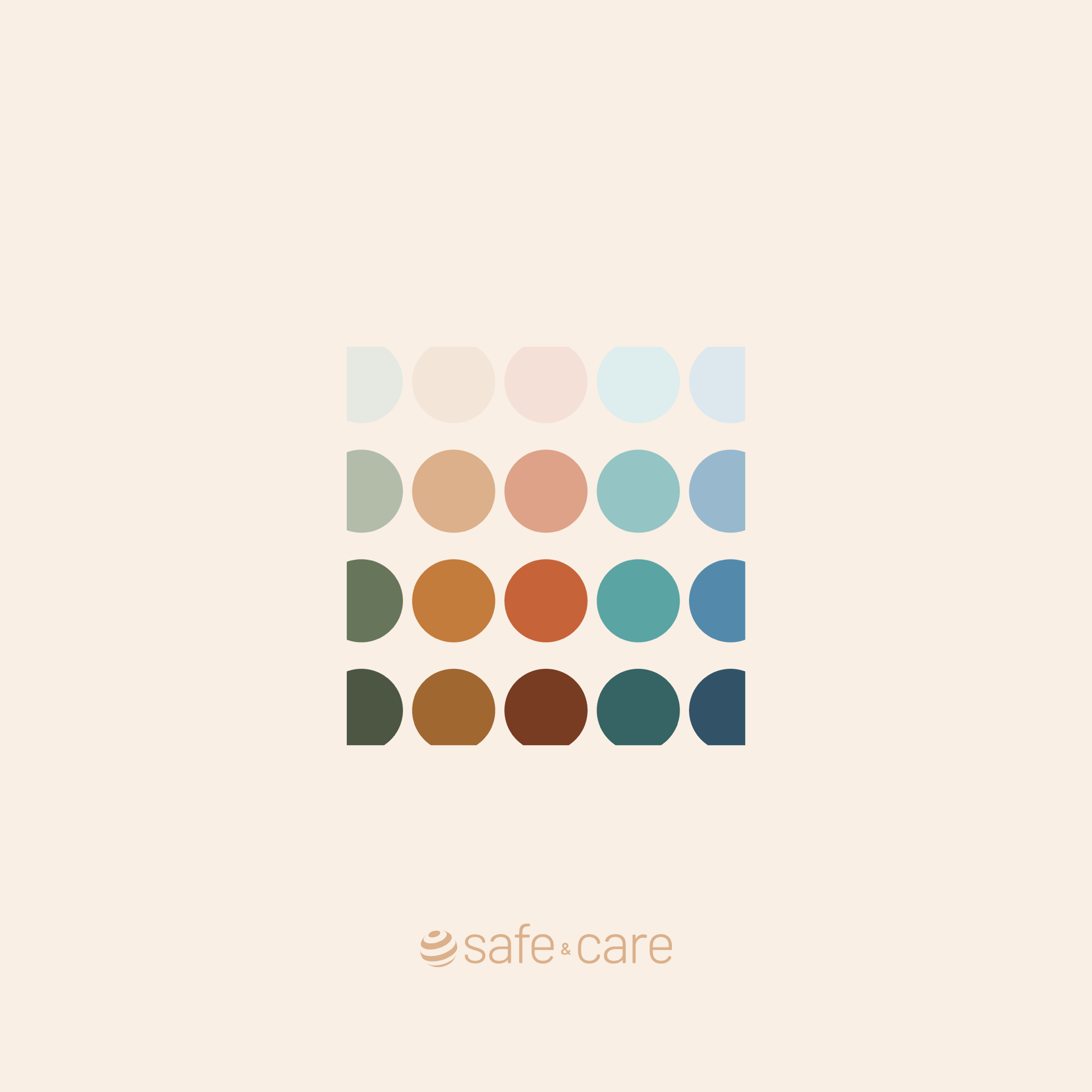 Expanded Safe & Care palette: a grid of soft to saturated circles in sage, sand, terracotta, teal and blue on a cream field, with the wordmark below.