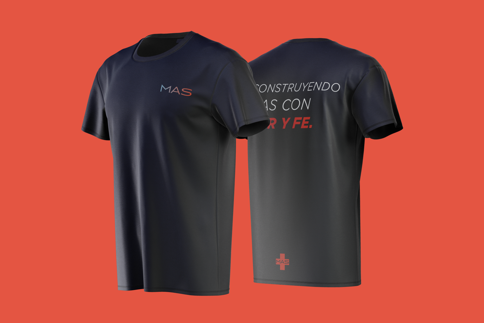 Brand application mockup: front and back of a dark t-shirt with the gradient MAS wordmark on the chest, a Spanish phrase across the back and the plus symbol at the hem, on an orange background.