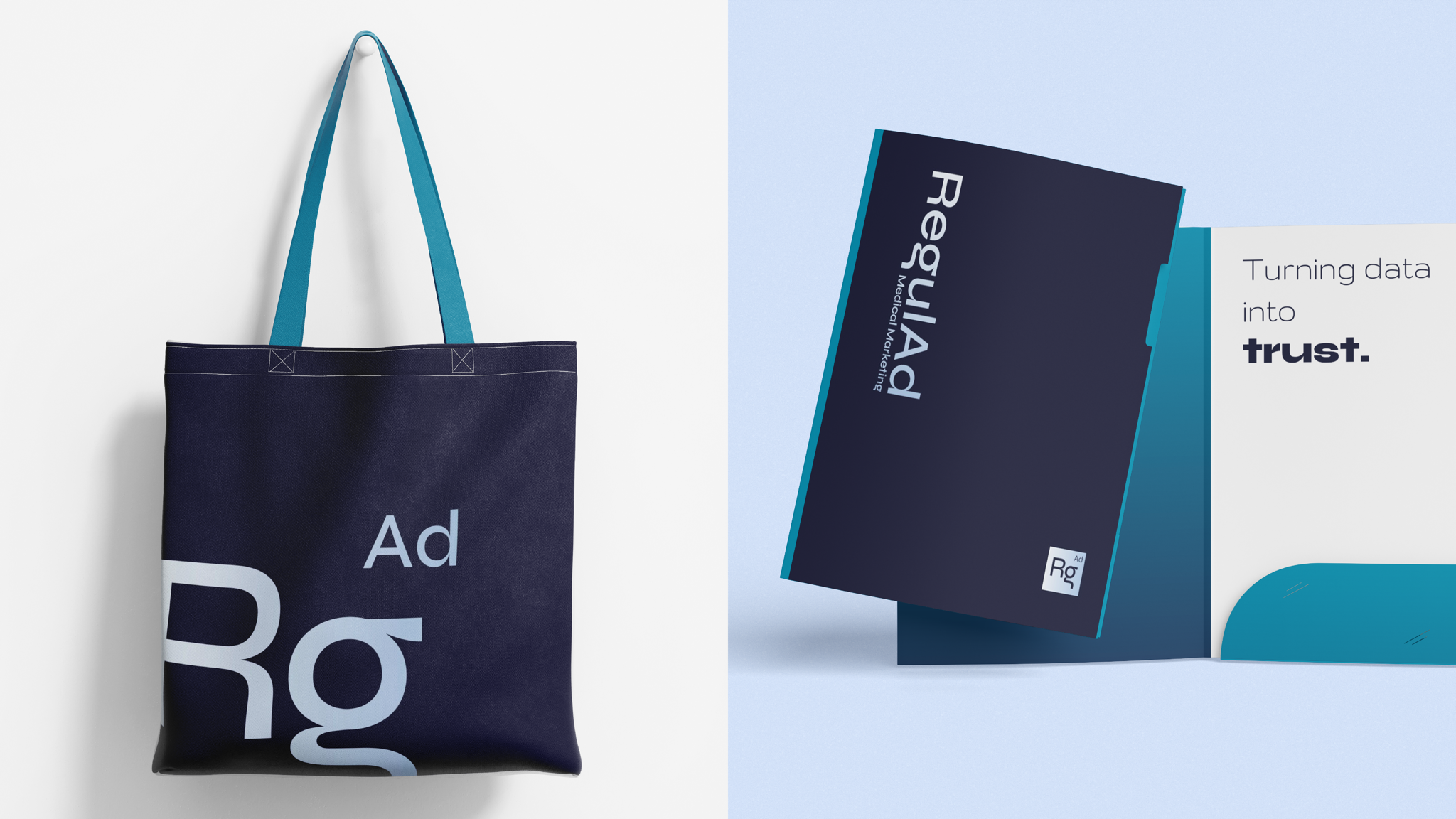 Application mockup: a navy tote bag with the oversized Rg Ad symbol and a presentation folder printed with 'Turning data into trust.'