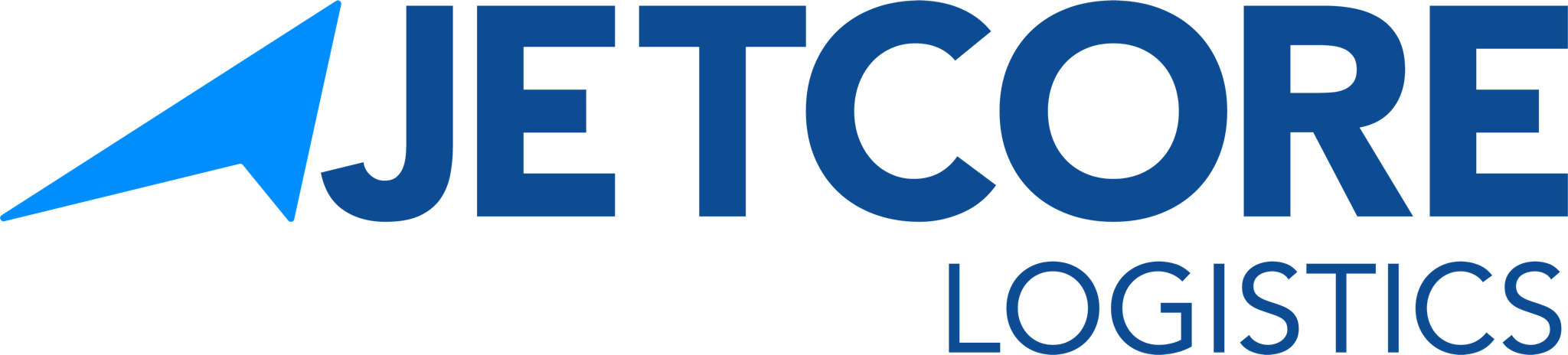Concept identity artwork: the horizontal Jetcore lockup with the blue arrow symbol, navy JETCORE lettering and the word LOGISTICS beneath.