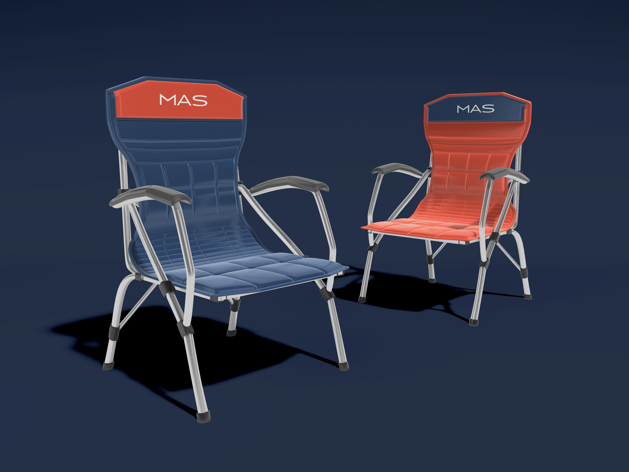 Brand application mockup: two folding chairs, one navy and one orange, each with the MAS wordmark on the headrest panel, on a dark blue background.