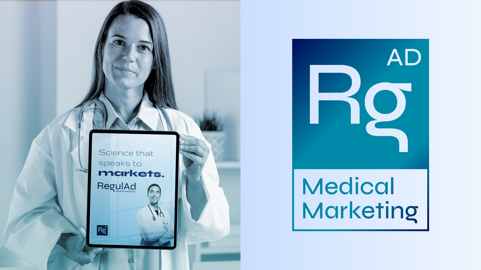 Application mockup: a physician holding a tablet showing a RegulAd 'Science that speaks to markets' layout, beside the boxed Rg Ad Medical Marketing symbol.