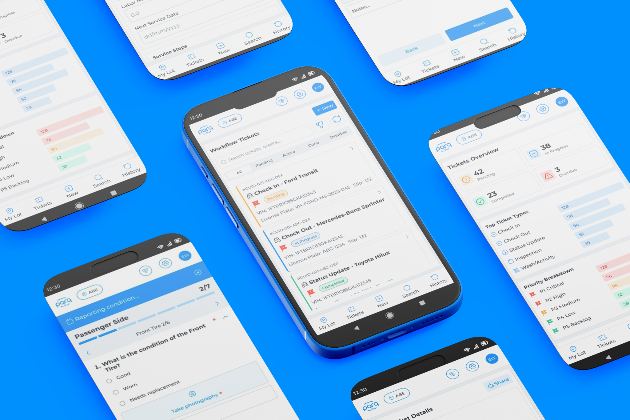 Mosaic of Parq.ai mobile screens on phone mockups over a blue field: workflow tickets, ticket overview metrics, guided inspection steps and service forms.
