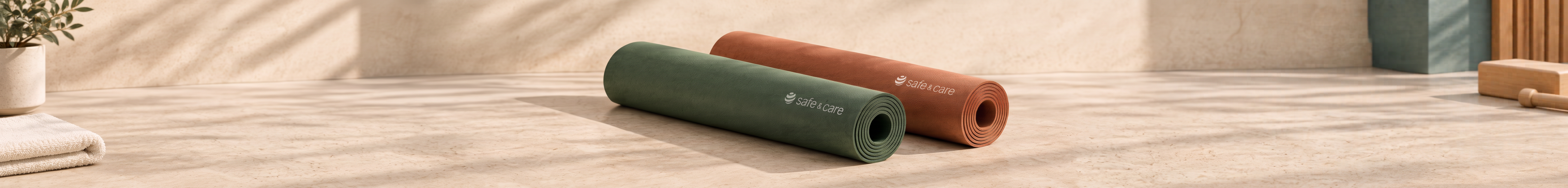 Aplicación de marca propuesta de Safe & Care: mats verde y terracota con el símbolo esférico y el logotipo blancos en una vista panorámica de un espacio de cuidado iluminado por el sol.