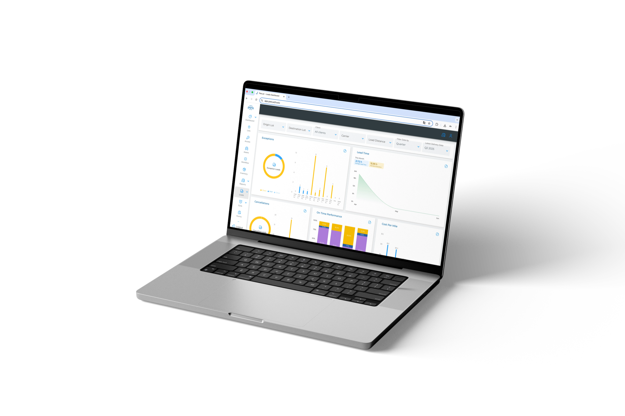Parq.ai Loads dashboard on a laptop mockup: exception, cancellation, lead time, on-time performance and cost-per-mile charts with origin, destination, client and carrier filters.