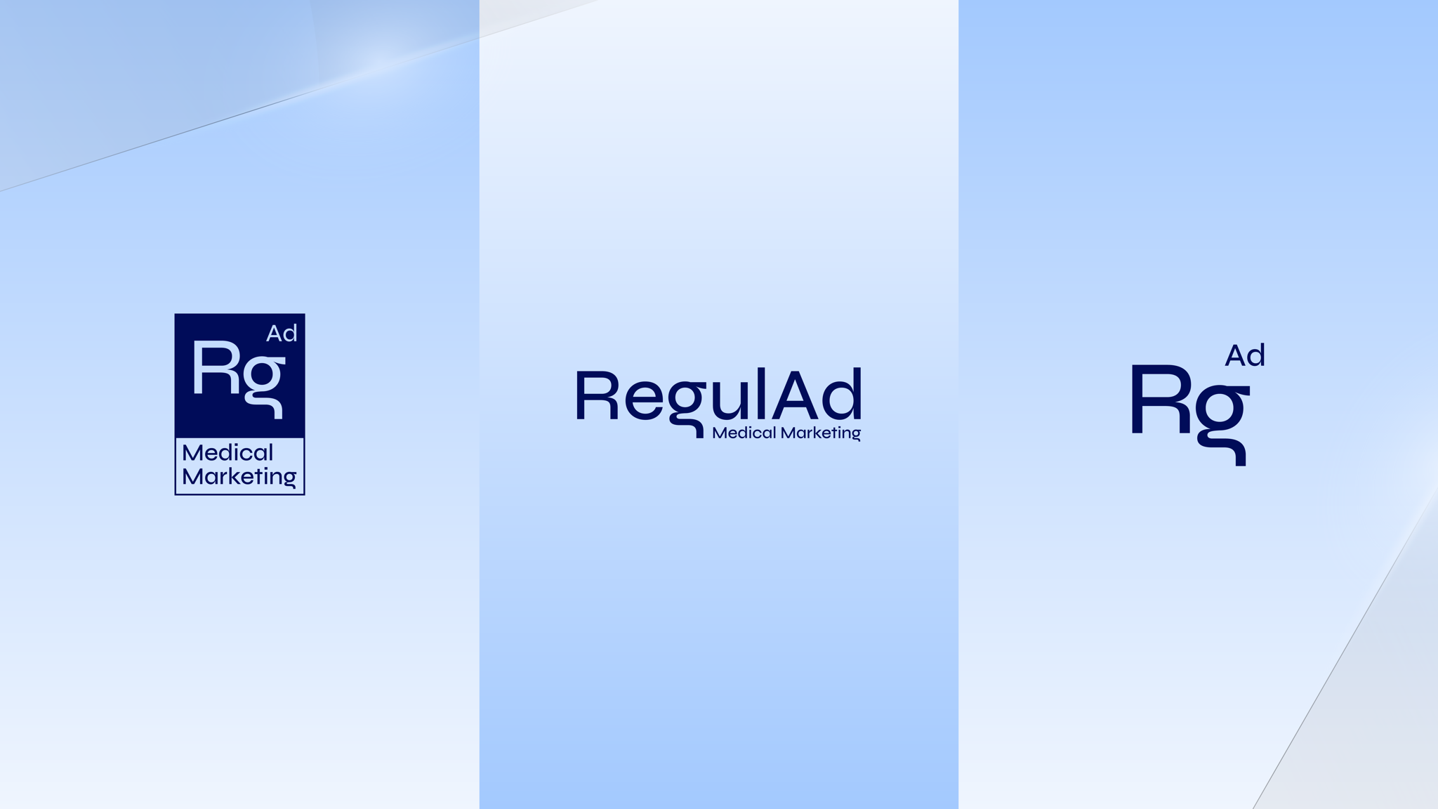 Logo triptych in the light palette: navy lockup, RegulAd wordmark with the Medical Marketing descriptor and the standalone Rg Ad symbol on pale blue.