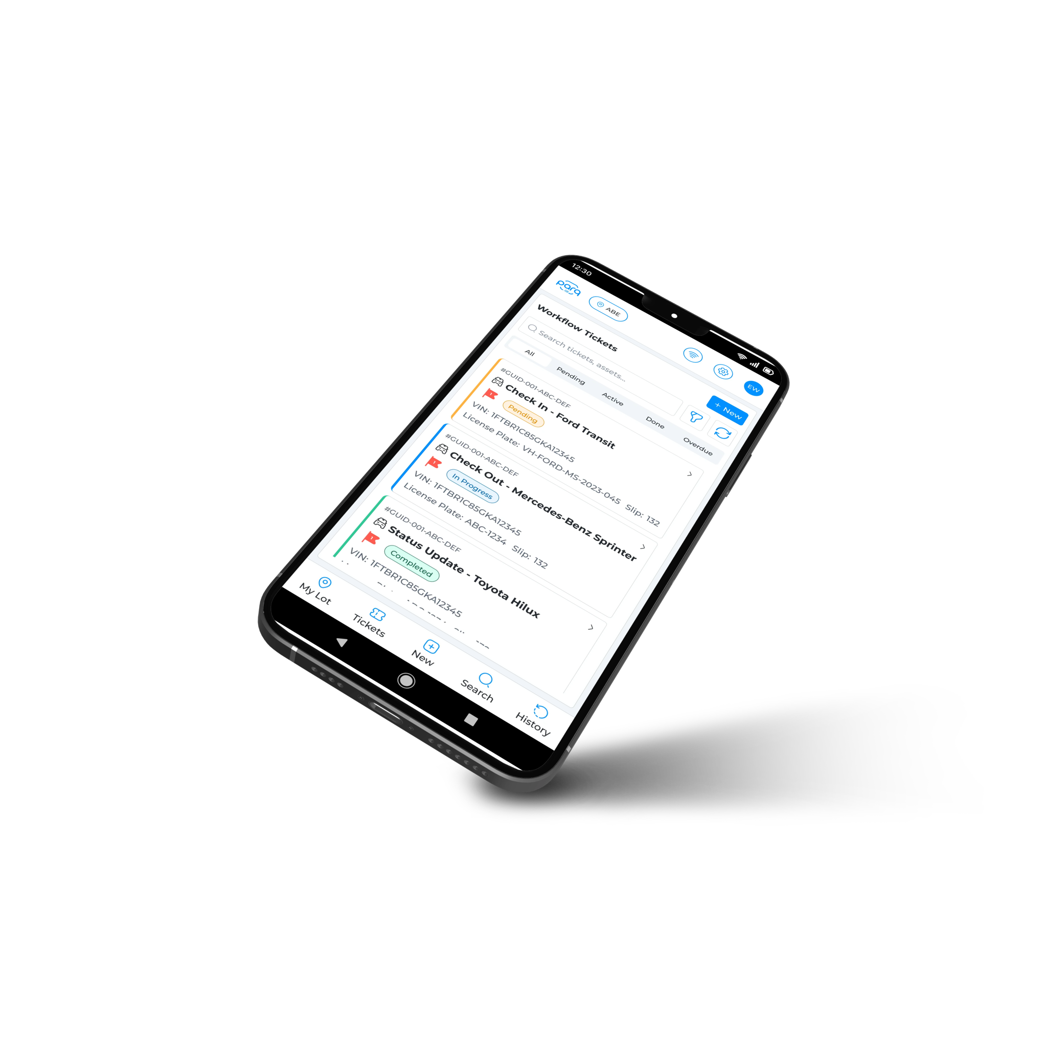 Parq.ai mobile workflow tickets screen on a phone mockup: a searchable ticket list with pending, in progress and completed states, VIN and licence plate details.