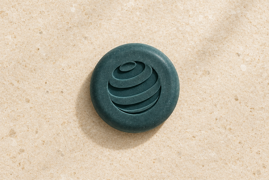 Visualización de producto propuesta de Safe & Care: vista cenital de un jabón circular verde azulado oscuro con el símbolo esférico en relieve sobre piedra clara texturizada.