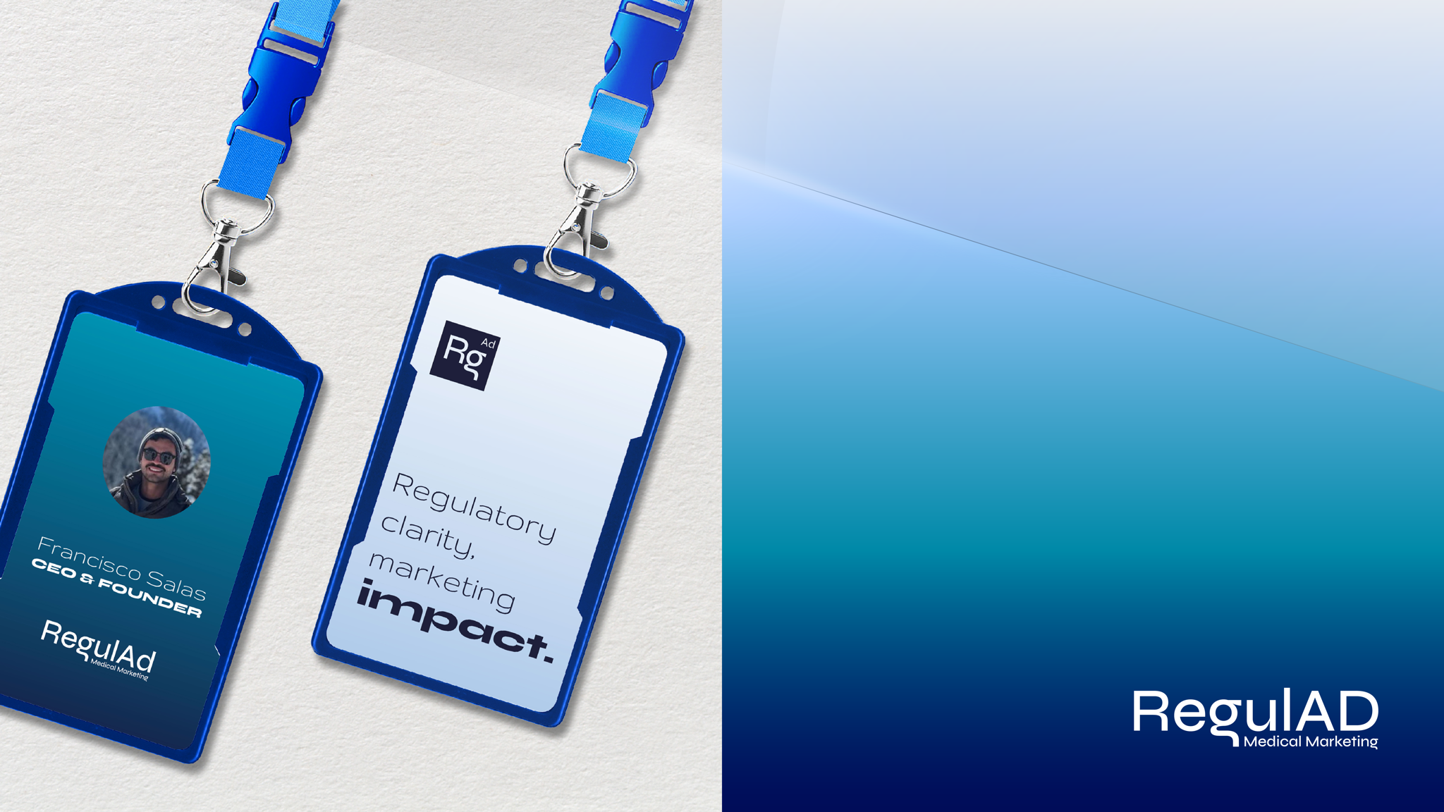 Application mockup: two RegulAd lanyard badges, one with a staff portrait and one printed with 'Regulatory clarity, marketing impact.'