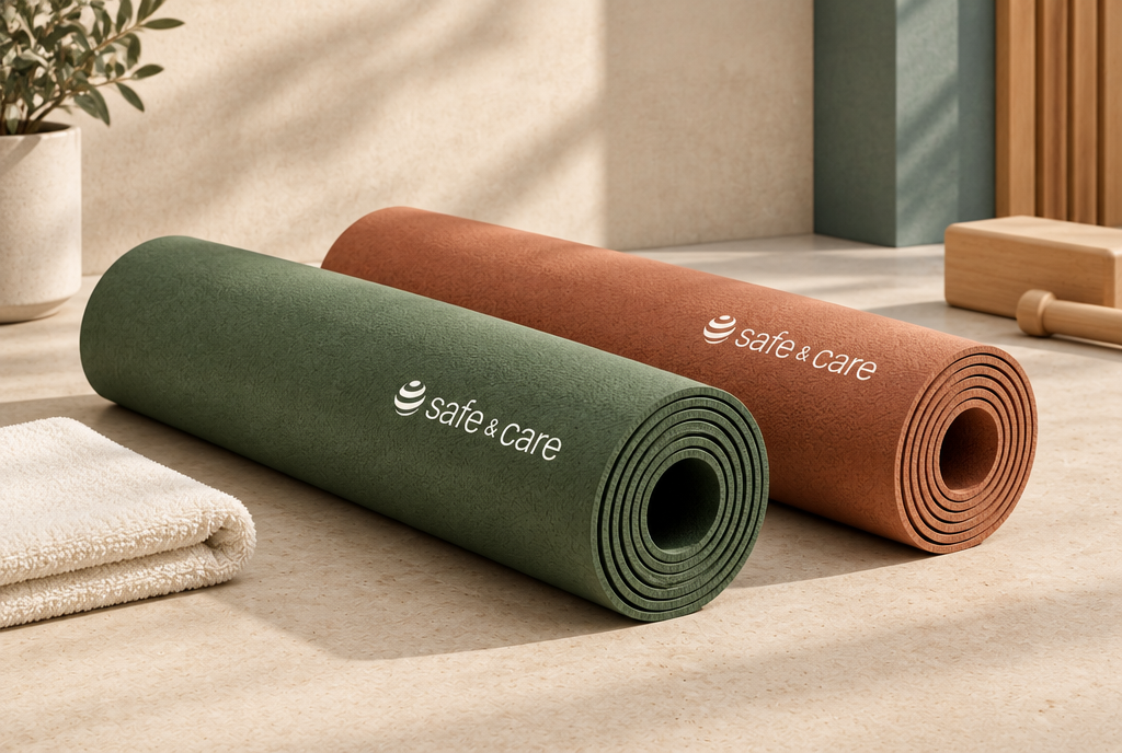Proposed Safe & Care brand application: green and terracotta rolled exercise mats with white sphere symbols and wordmarks in a sunlit care environment.