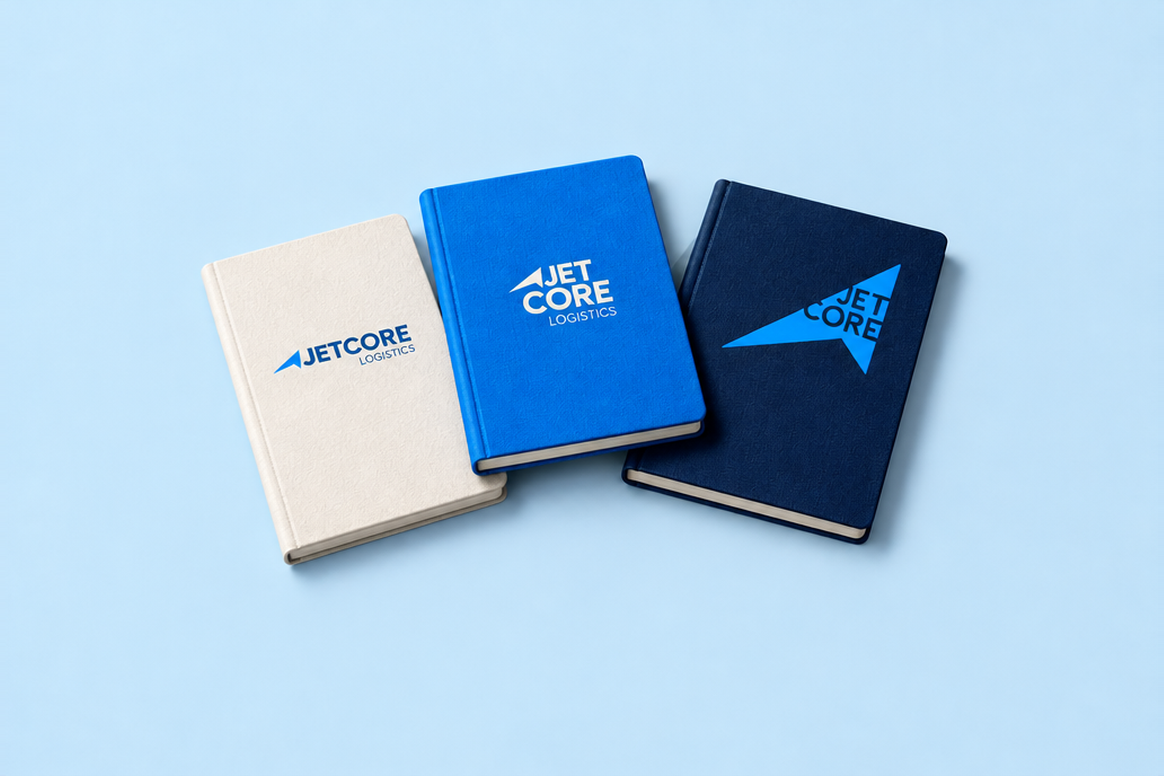 Conceptual application mockup: three coordinated Jetcore notebooks in off-white, electric blue and navy, showing the horizontal, compact and diagonal logo configurations on their covers.