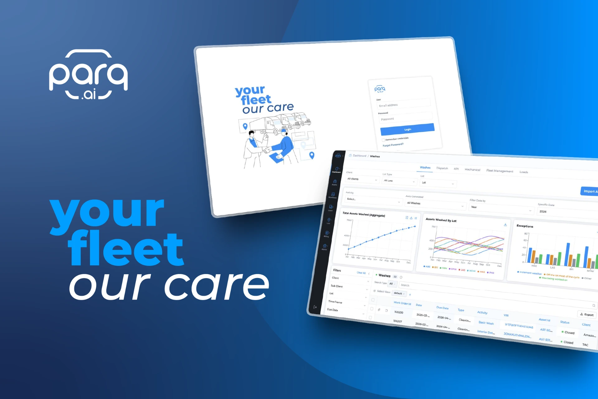 Parq.ai cover: the Parq.ai logo, the phrase 'your fleet / our care', and two overlapping product screens — a login form and an operations dashboard — on a blue background.