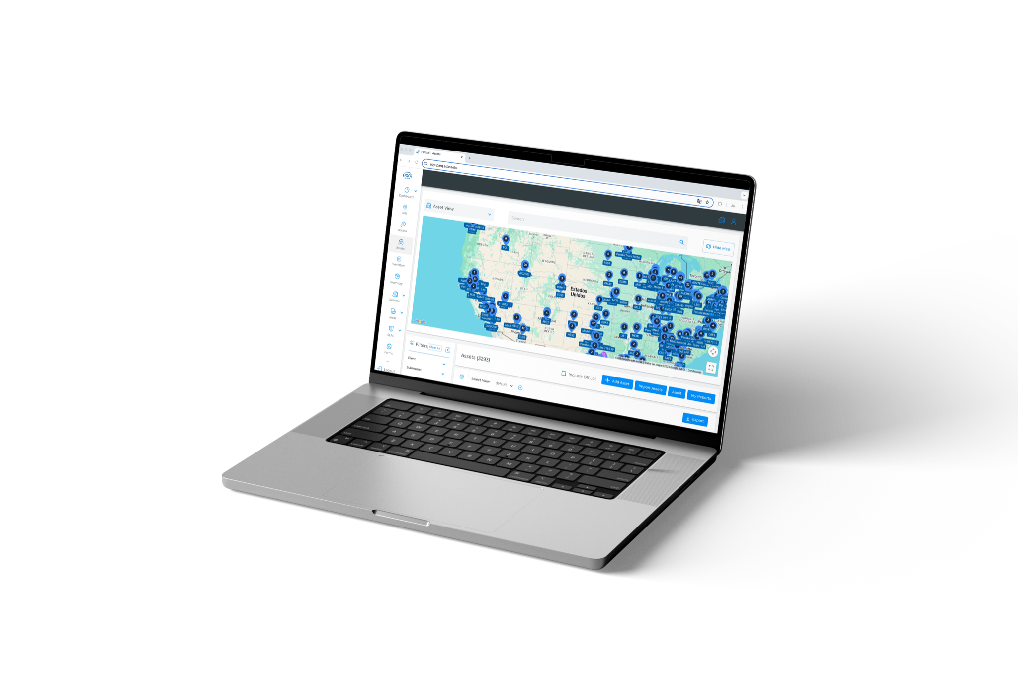 Parq.ai Assets view on a laptop mockup: a clustered map of fleet assets across United States locations beside a filter panel and an asset list.
