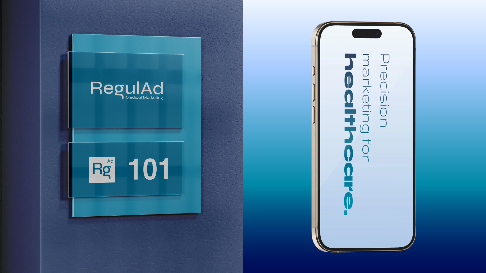 Application mockup: a translucent wall sign with the RegulAd wordmark and suite number, next to a smartphone showing 'Precision marketing for healthcare.'