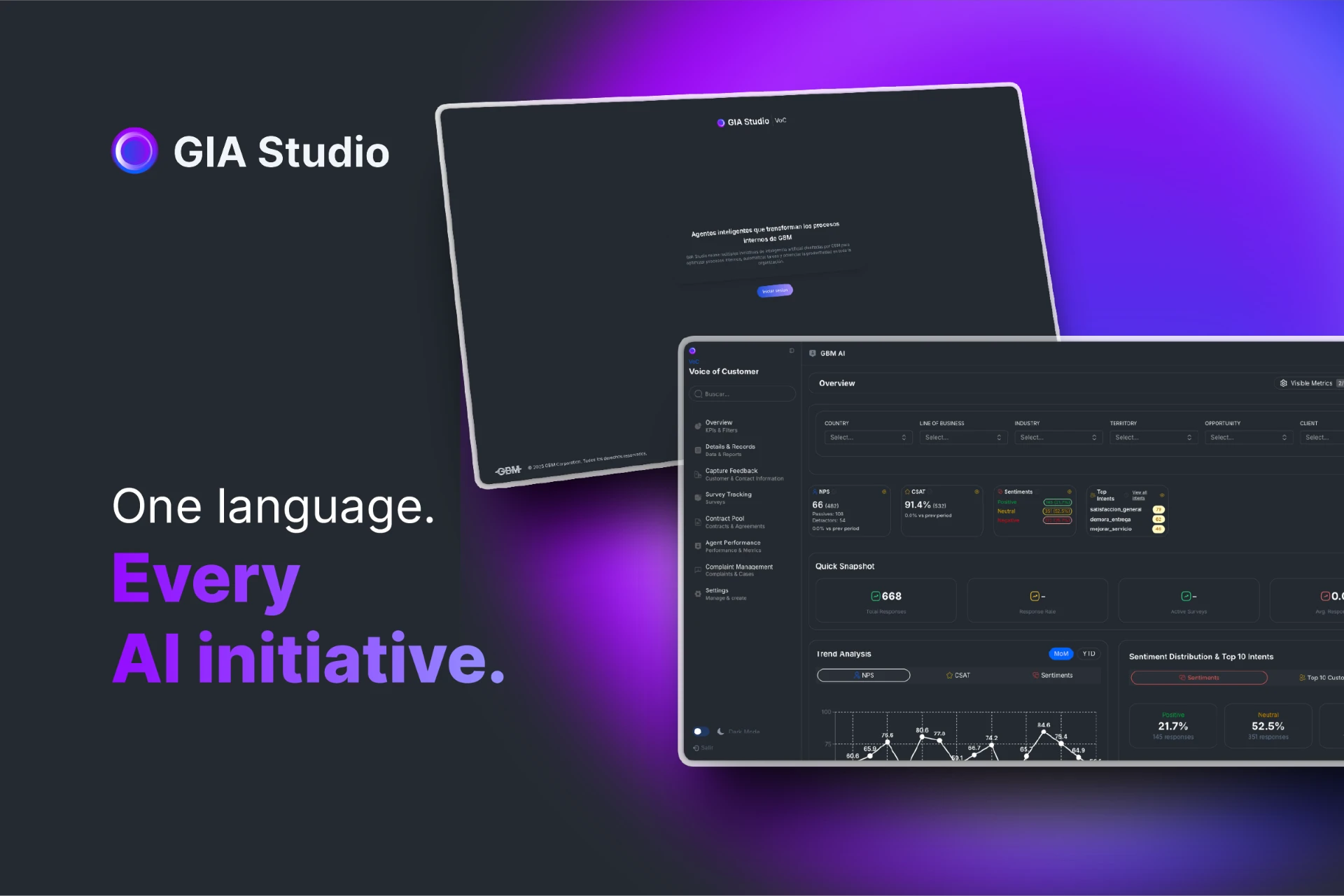 GIA Studio cover: the ring mark and wordmark over a dark violet-to-blue gradient, with the headline ‘One language. Every AI initiative.’ and two Voice of Customer interface mockups.